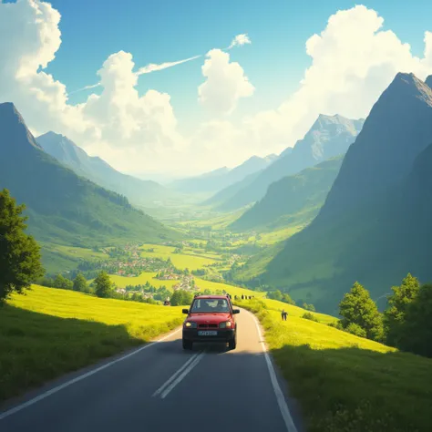 A group of friends go by car on a long road and see a very beautiful landscape