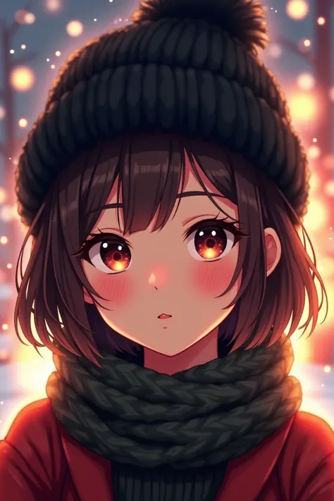 Anime girl short hair dark brown Chinese eyes with long eyelashes, thick lips and medium nose with black Christmas hat and sweater