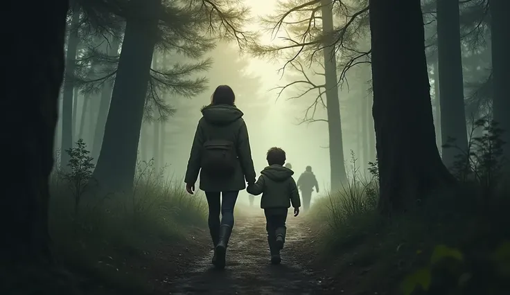 Une scène réaliste montrant une mère et son fils marchant à travers une forêt dense et sombre, avec des arbres imposants et un chemin étroit. La mère, une femme de type caucasien ou asiatique, porte une veste de survie et un sac à dos, tandis que son fils,...