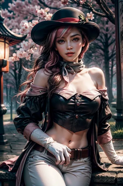 pink and brown hair, multicolored hair, neopolitanatlas, bowler hat, grey scarf, white gloves, white shirt, off-shoulder shirt, black sleeves, midriff, white belt, white pants, smile, nighttime, moon, stars, lanterns), sitting in front of chinese pagoda, c...