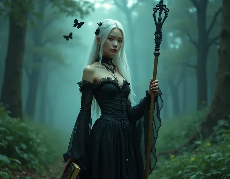 Young korean, beautiful face, fine features, long white hair and green eyes, full body, tight-fitting black Victorian gothic dress, ominous supernatural heterogeneous presence, magicians staff in right hand and ancient spell book in left hand, in fantastic...