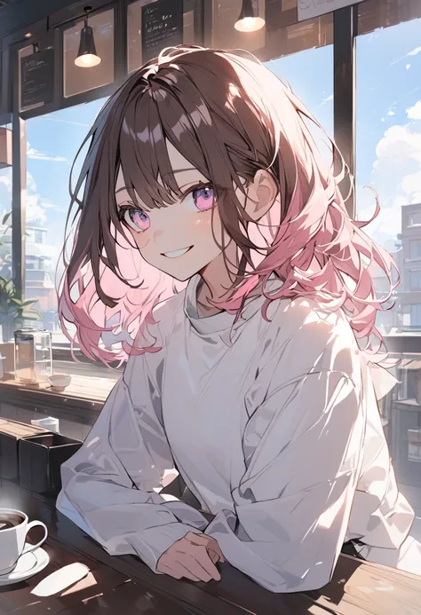   handsome, Alone,  1 Woman ,  medium hair,  brown hair, Pink highlights on the tips,  pale pink eyes,morning,White long sleeve，smile,coffee， coffee shop，blue sky