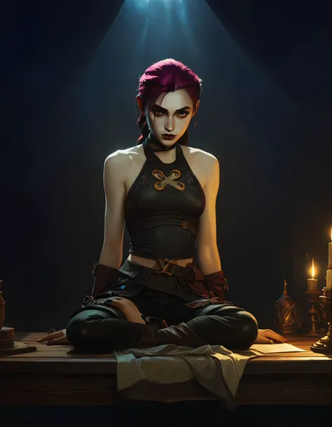 a beautiful girl wearing an arcane outfit, jinx inspired, sitting on a table in a christian mythology inspired pose, dramatic chiaroscuro lighting, highly detailed, photorealistic, 8k, masterpiece, oil painting