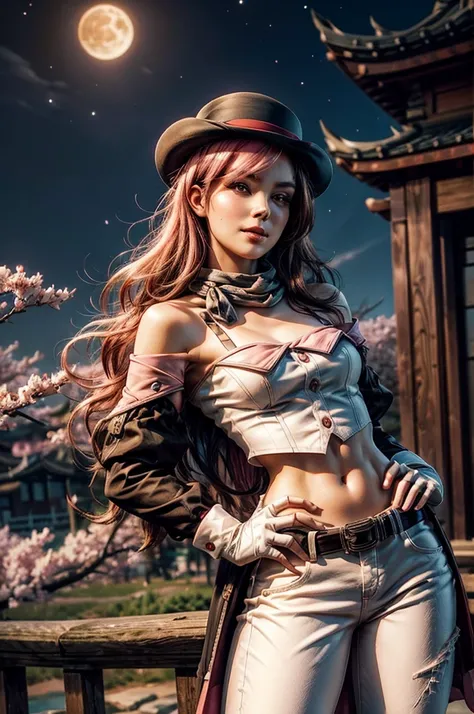 pink and brown hair, multicolored hair, neopolitanatlas, bowler hat, grey scarf, white gloves, white shirt, off-shoulder shirt, black sleeves, midriff, white belt, white pants, smile, nighttime, moon, stars, lanterns), standing in front of chinese pagoda, ...