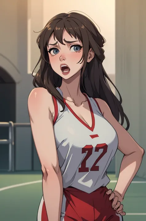 masterpiece, best quality, 1girl, solo, looking at viewer, large breasts, mature female, collarbone, janeporter, long hair, basketball uniform, (basketball), sweaty, exhausted, breathing, open mouth, hand on hip