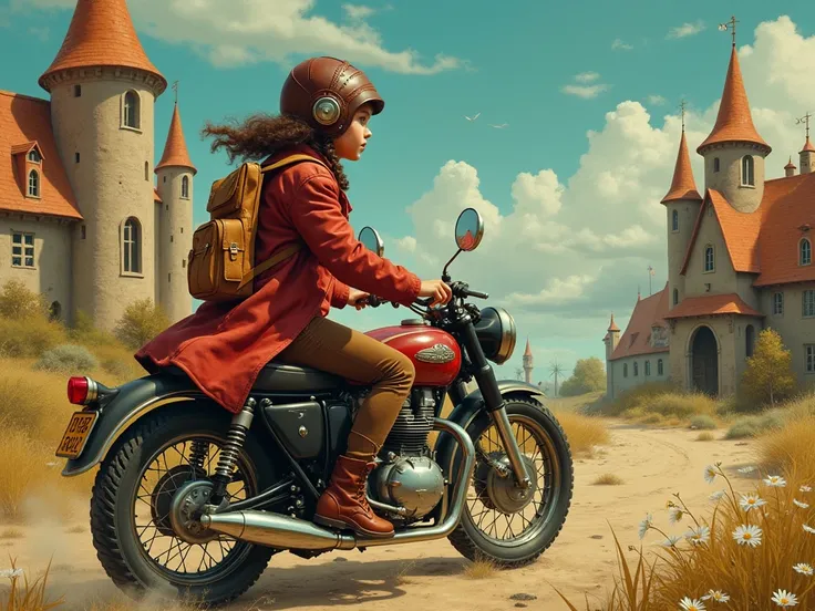 Neo surrealism ,  magical realism strange art , pop surrealism, bizarre art.  Generate an illustration of a painting ,  depicting a young girl in a leather flight headset, riding a vintage motorcycle through a magical village 