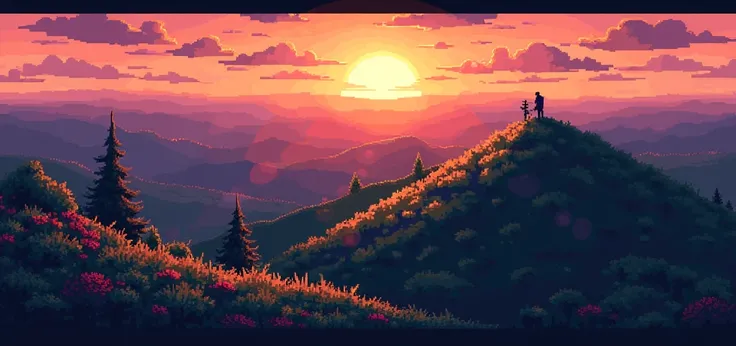 Sunset seen from the top of a hill in pixel art