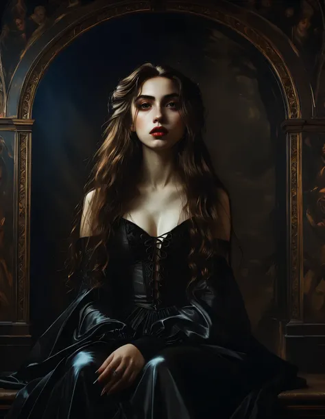 a beautiful detailed girl with striking features, long flowing hair, sitting in a dramatic pose, ornate gothic caravaggio style painting, highly detailed, intricate background, dramatic lighting, moody colors, cinematic, photorealistic, 8k, best quality, m...