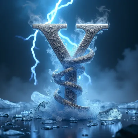 Y letter capital tangled on platinum ring, lightning, ice and blue fire, ultra detail, luxury composition, black background