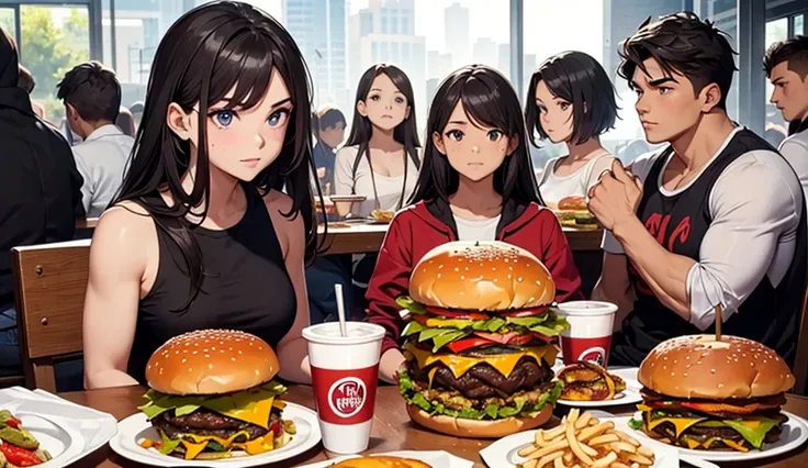 A huge pile of food in one pile on the background, a muscular boy sitting in front and eating a burger, bunch of girls looking at him jealousy.