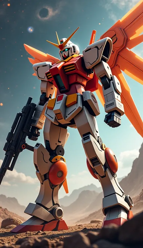  High resolution,  masterpiece, Preciso, Detail,  anatomy, robot, Gundam, orange, White details,  big wings, Large crimson rifle, crossing the universe ,