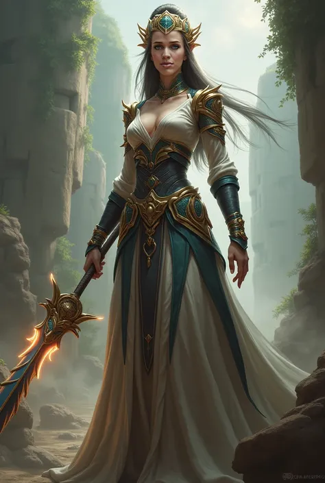 Create realistic woman KARMA League of Legends costume with your weapon use reference image