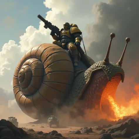 Adeptus astartes riding the fire-breathing flying snail with XP9 inscription on the shell