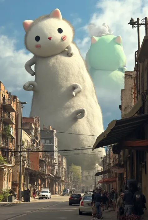  Ill make it with cat monsters 、 in the background of an abandoned city  。 monsters are bigger than cars。 monsters are cute。The cat is a calico cat 。