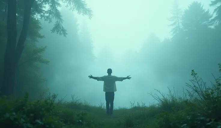 " A serene landscape with a person with outstretched arms ,  standing in a natural environment or forest with fog .  The scene is illuminated with a soft light of blue and green tones,  evoking a peaceful and spiritual atmosphere .  The background is full ...