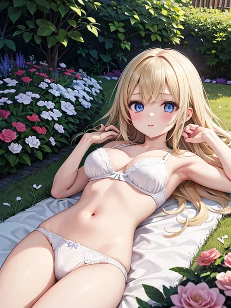   Masterpiece  ,  top quality,  very detailed, 16k,  super high resolution、One  girl,  detailed face 、Perfect means,  blue eyes,  blonde alone,  woven ,  white panties,  white bra, garden, flower bed, lawn, Lying down