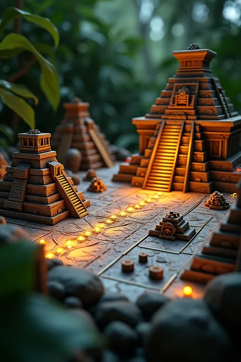 Mayan civilization game board with gears, piramyds, a removable light that creates shadows