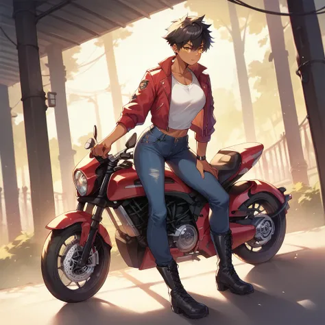 a tomboy with dark skin and golden eyes and black hair. they are wearing a red motorcycle jacket and black jeans and black boots. they are standing next to their motorcycle outiside and at a gas station