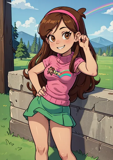 [Mabel], [Gravity Falls], ((masterpiece)), ((HD)), ((high res)), ((solo portrait)), ((waist-up)), ((front view)), ((detailed shading)), ((soft textures)), ((intricate details)), ((anime girl)), ((cinematic)), {attractive; (long brown hair), (cute dark-brow...