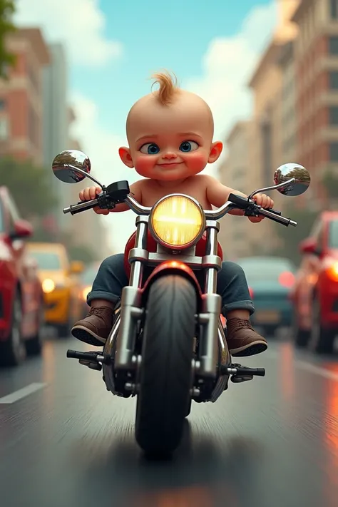 Young baby very funny driving big motorcycle at toun inside of many cars