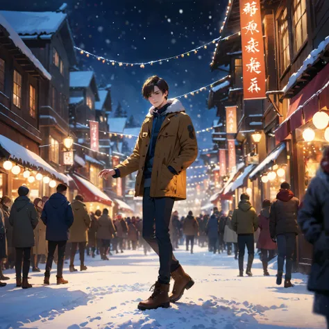 Masterpiece,best quality,A young man,standing in a snow-covered town, with snow dancing around him, the crowds around him blurred and out of focus, night,a concept art, illustration, highly detailed, newest,photorealistic, hyperrealistic, volumetric lighti...