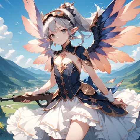 one girl,　Featherfolk　 big wings　Two wings　 pointed ears　Gray Hair　 dark eyes　Goggles on the eyes　 ponytail　 long hair　Crossbow　160cm　 slender 　 flat chested　Vivid RPG Portraits　 fantasy world　anime style,　game CG,　 pixiv contest winner,　masterpiece,　best ...