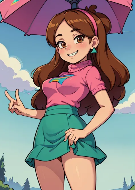 [Mabel], [Gravity Falls], ((masterpiece)), ((HD)), ((high res)), ((solo portrait)), ((waist-up)), ((front view)), ((detailed shading)), ((soft textures)), ((intricate details)), ((anime girl)), ((cinematic)), {attractive; (long brown hair), (cute dark-brow...