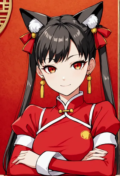 Chun-Lis face Cat ears Red china clothes Sitting and smiling Anime style  