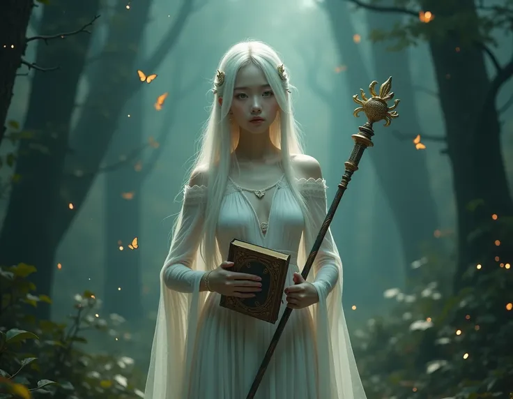 Young korean girl, beautiful face, fine features, long white hair and green eyes, full body, nude, ominous supernatural heterogeneous presence, magicians staff in right hand and ancient spell book in left hand, in fantastic forest shrouded in dark fog, at ...