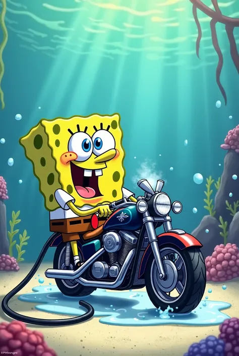 SpongeBob washing a motorcycle with a hose (bottomless)