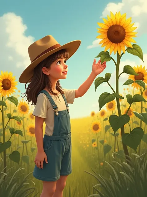 CREATE A COUNTRY GIRL  " IN THE FIELD GRABBING A SUNFLOWER" LET THE GIRL BE VERY NATURAL 