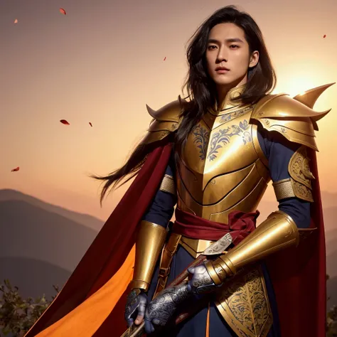 Create a warm and heroic image of an Asian knight standing proudly against a glowing sunset. The knight has short, light brown wavy hair styled in a neat middle part (‘book cut’), short hair, similar to Johnny Suh from NCT, short hair, whose facial feature...