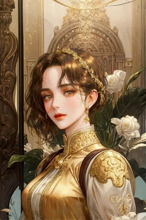 (masterpiece),( very detailed ) ,( Very detailed), ( beautiful face ), ( perfect face ),  brown short hair, Golden eyes, mature face,  sexy face,  wearing a European-style aristocrat suit,  romance fantasy , 20s, female, Alone, Backpacker background , One ...