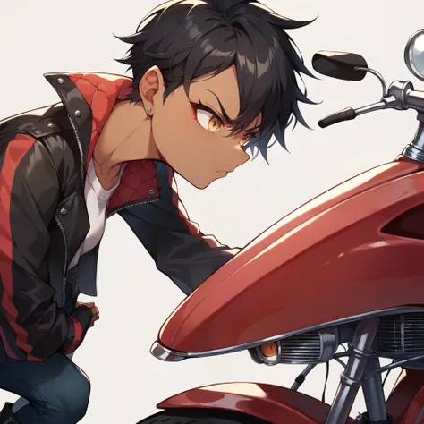 a tomboy with dark skin and golden eyes and black hair. they are wearing a red motorcycle jacket and black jeans and black boots. they are standing next to their motorcycle outiside and at a gas station. she looks angry. close-up.