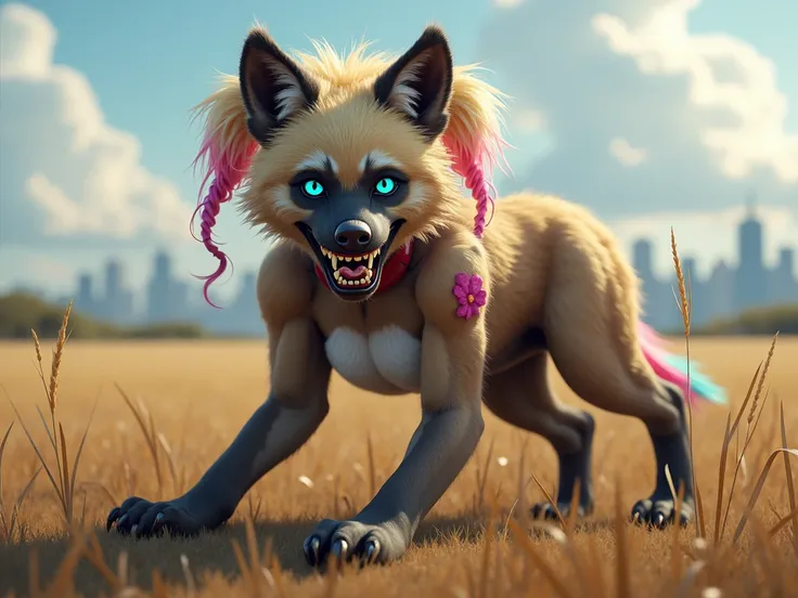 (character focus:1.1) 1girl, furry, Harley Quinn being transformed into an anthro hyena girl, (transformation:1.2), (hyena ears, hyena teeth, hyena nose, fluffy hyena tail, furry human body, furry human arms, furry human legs, blonde hair in twintails with...