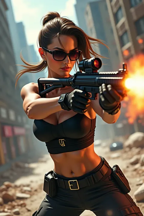 Animated female shooter wearing sunglasses battling in style