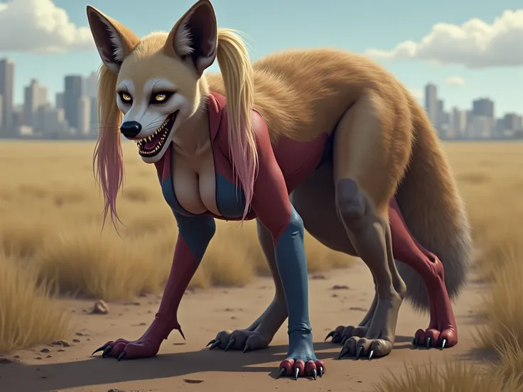 (character focus:1.1) 1girl, furry, Harley Quinn being transformed into an anthro hyena girl, (transformation:1.2), (hyena ears, hyena teeth, hyena nose, fluffy hyena tail, hyena fur, blonde hair in twintails with pink and blue highlights, (human face), (f...