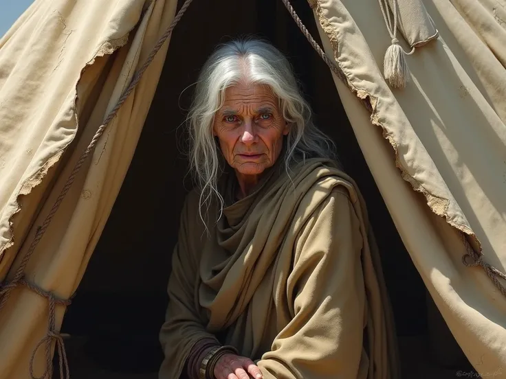 45-year-old woman from the time of Abraham with white hair, dressed in rags ,  inside a standing tent 