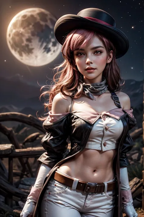 pink and brown hair, multicolored hair, neopolitanatlas, bowler hat, grey scarf, white gloves, white shirt, off-shoulder shirt, black sleeves, midriff, white belt, white pants, smile, nighttime, moon, stars,) standing in castle ruins on a hill, dark forest...