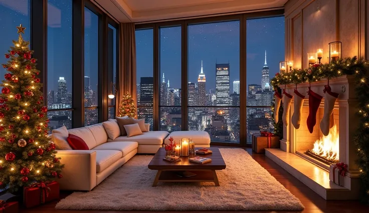 A luxurious and modern Christmas-themed living room with large windows overlooking a city at night. The room features plush white sofas, a fireplace with stockings and garlands, and a Christmas tree with red and gold ornaments. Candles, festive lights, and...