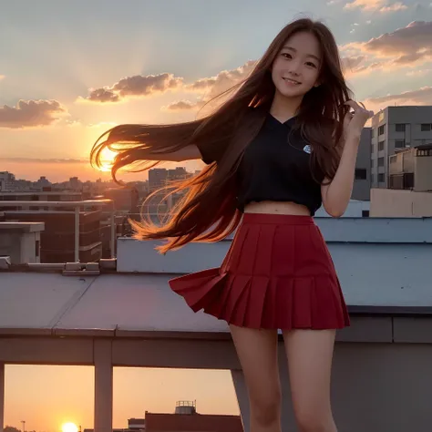  Masterpiece , top quality,Four high school girls,Young and cute Japanese woman,student, well-proportion, Little Smiles ,after school,(rooftop,  beautiful red sunset  ),(In the Wind :1.5),(Long flowing hair:1.5),(  skirt flip:1.5), Women&#39;s Uniform ,Sum...