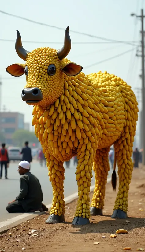 A Muslim elder made a cow out of banana and sitting on the road, the public is appreciating it.