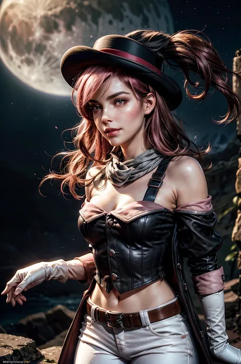 pink and brown hair, multicolored hair, neopolitanatlas, bowler hat, grey scarf, white gloves, white shirt, off-shoulder shirt, black sleeves, midriff, white belt, white pants, smile, nighttime, moon, stars,) standing in castle ruins on a hill, waterfall i...