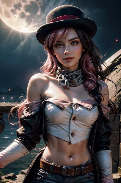 pink and brown hair, multicolored hair, neopolitanatlas, bowler hat, grey scarf, white gloves, white shirt, off-shoulder shirt, black sleeves, midriff, white belt, white pants, smile, nighttime, moon, stars,) standing in castle ruins on a hill, waterfall i...