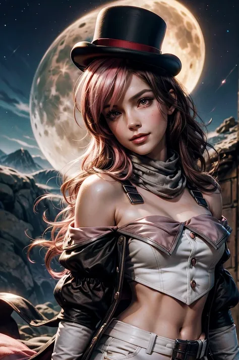 pink and brown hair, multicolored hair, neopolitanatlas, bowler hat, grey scarf, white gloves, white shirt, off-shoulder shirt, black sleeves, midriff, white belt, white pants, smile, nighttime, moon, stars,) standing in castle ruins on a hill, waterfall i...