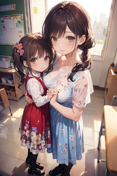 4K、woman、 Parent and   、   short 、  small breasts, curled twin tails holding hands 、 realistic 、  skinny、((Floral print long skirt in pairs))、((  Kind Face )), stockings、 brown hair、 Full Body Wide Angle Shot   、(((Mom and  girl ,Kindergarten ）))