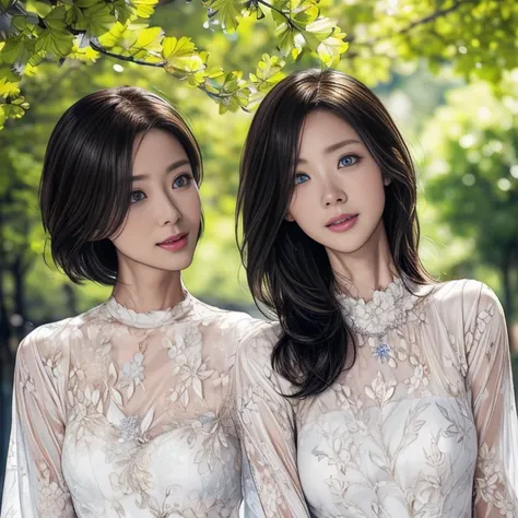 UHD, anatomically correct, textured skin, super detail, high quality, 8k、Two elegant 30-year-old wives are enjoying conversation while walking through a row of ginkgo trees、 lesbian、 in casual everyday clothes 、Horizontal shot 、 full body photo、 beautiful ...