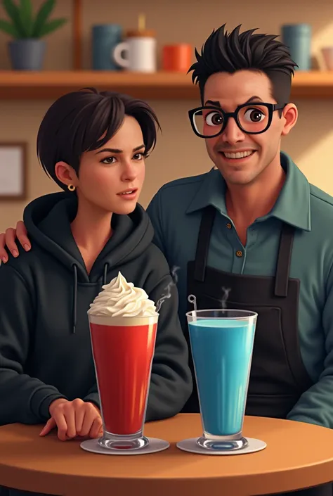 " In a modern cafe ,  two drinks on the table  ( a red latte and a blue smoothie ) is located . neo,  dressed in a young and modern hoodie ,  while Morpheus in a barista apron ,  wearing classic black glasses .  Place in warm colors ,  with a minimalist de...