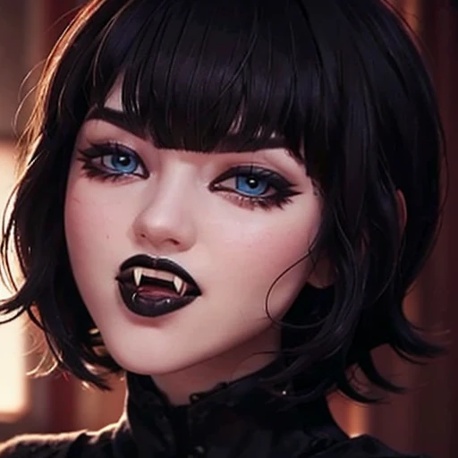 cute girl, Blue eyes, Bobcut Hair , dark makeup, Mouth Fangs ,   12k detailed perfect background studio lighting and a bold interior 