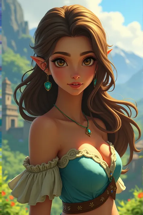 Beautiful women with tan skin, long brown hair with off shoulder top, brown eyes in the world of Zelda Breath of the Wild